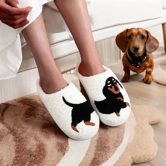 Pet Pattern Dachshund Embroidery Stuffed Home Thick Sole Plaid Furry Cotton Slippers Warm Non-Slip Indoor Slippers Pet Mom Gift